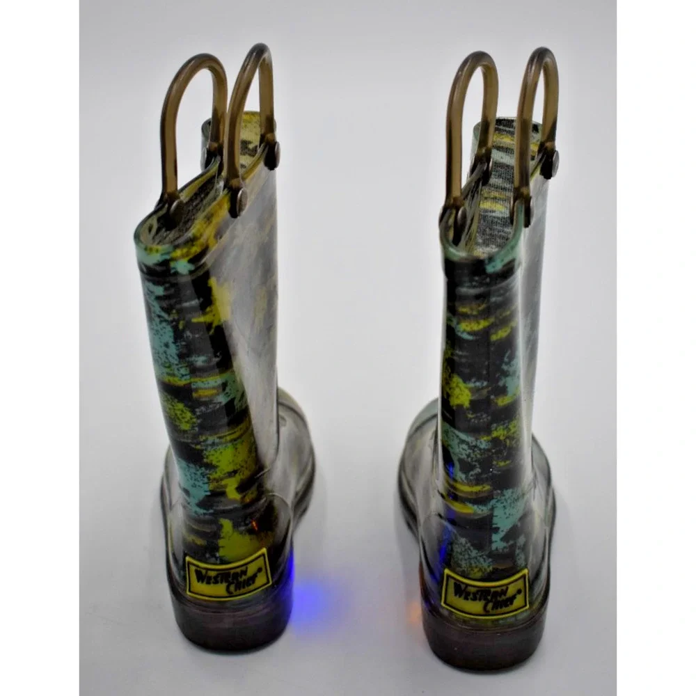 WESTERN CHIEF Light Up Rain Boots - Brush Stripe Green & Blue - US Toddler 6